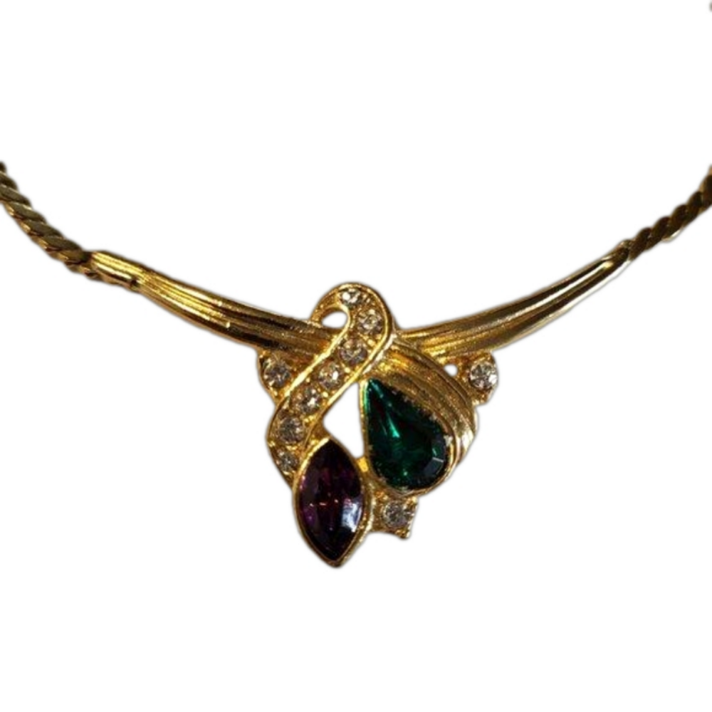 Costume Necklace with Purple and Green Faux Gemstones and Rhinestones, OS